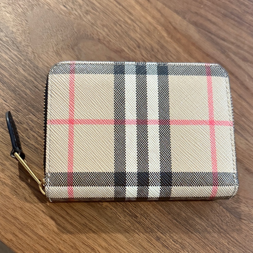 Burberry Beige and Black Plaid Wallet with Red Accents